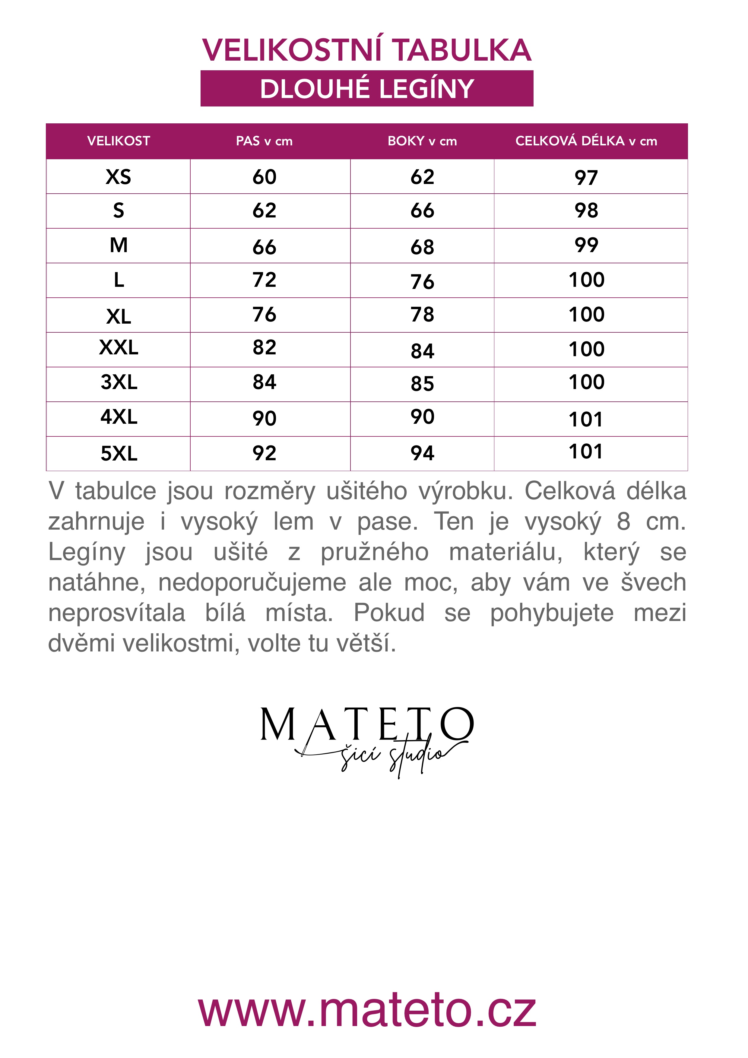 velikostní tabulka legíny dlouhé